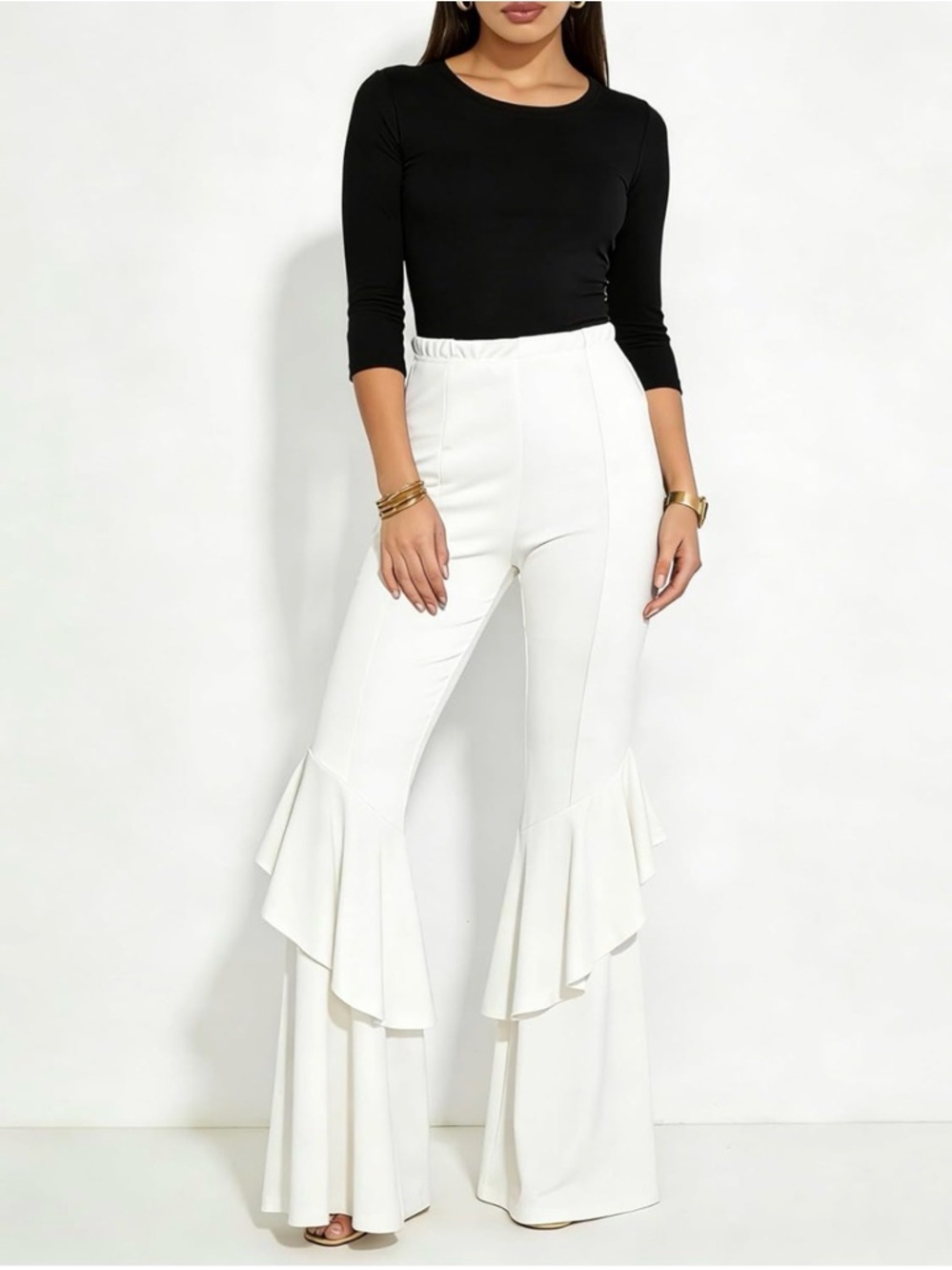 GUOLEZEEV Womens High Waisted Ruffle Flare Fit Pants, White Wide Leg Trousers - Picture 3 of 7